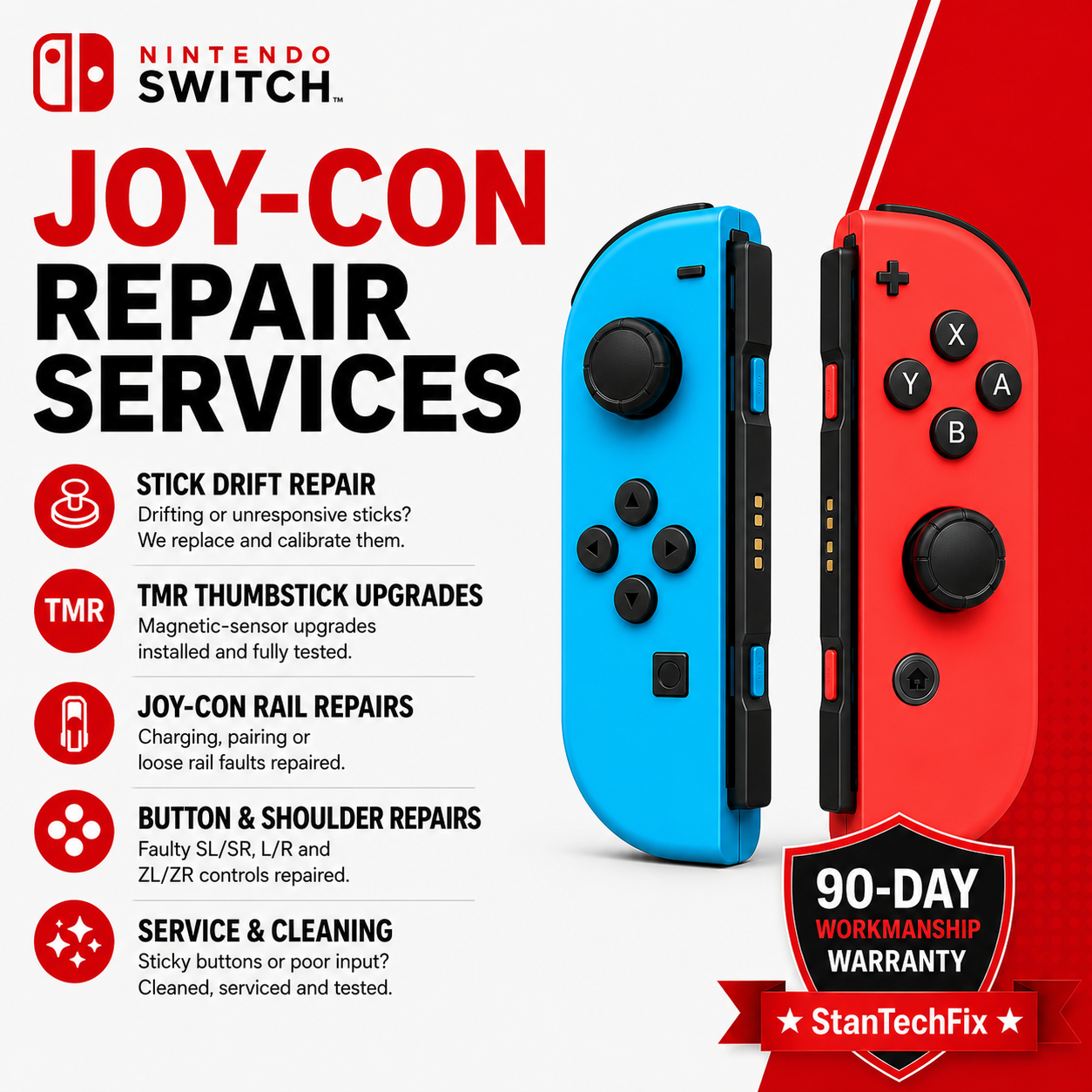 Nintendo Switch Joy-Con repair services for stick drift, TMR upgrades, rail faults and button repairs