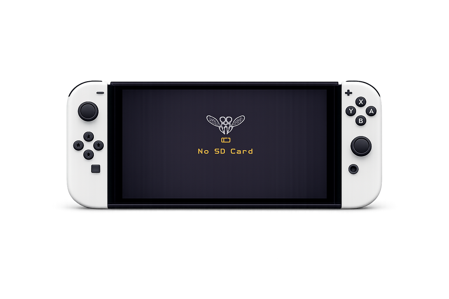 A Nintendo Switch gaming console with white controllers on both sides, displaying a message that says 'No SD Card' with an empty SD card icon, on its screen.
