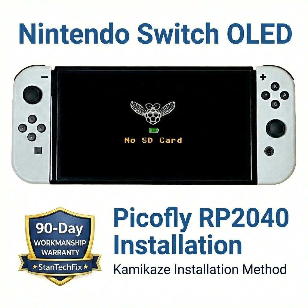 Nintendo Switch OLED showing Picofly RP2040 no SD card screen after Kamikaze installation with 90-day workmanship warranty
