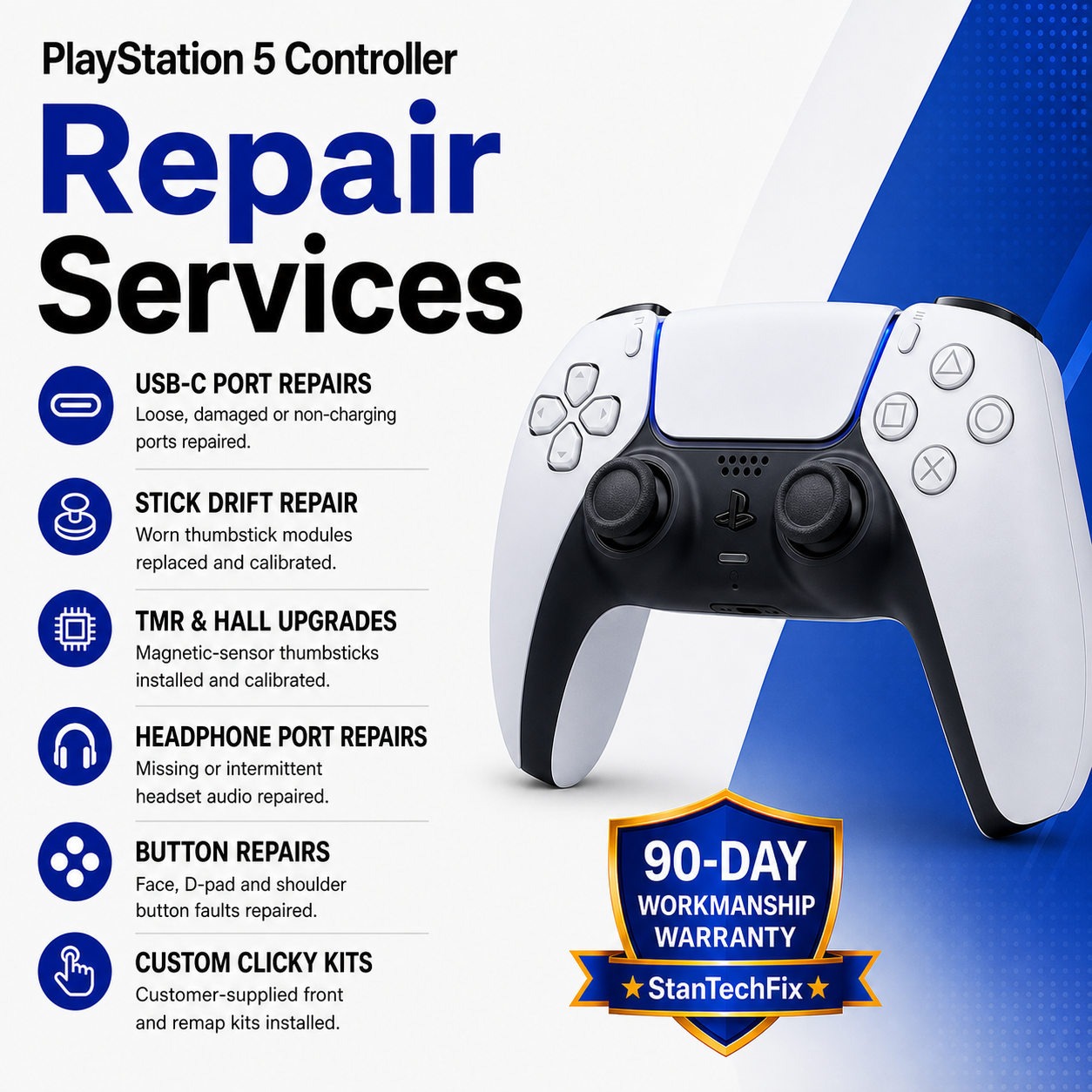 PlayStation 5 DualSense controller repair services for USB-C faults, stick drift, TMR and Hall upgrades, buttons and headset ports