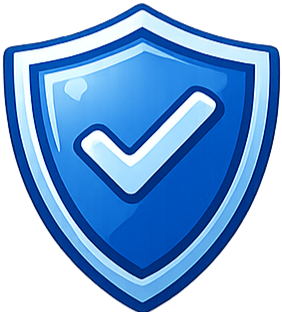 A blue shield with a checkmark in the center symbolizing protection or security