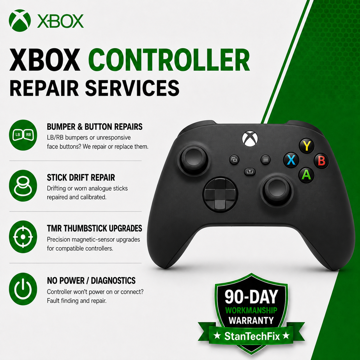Xbox controller bumper and button repairs, LB/RB faults, stick drift, TMR upgrades and diagnostics
