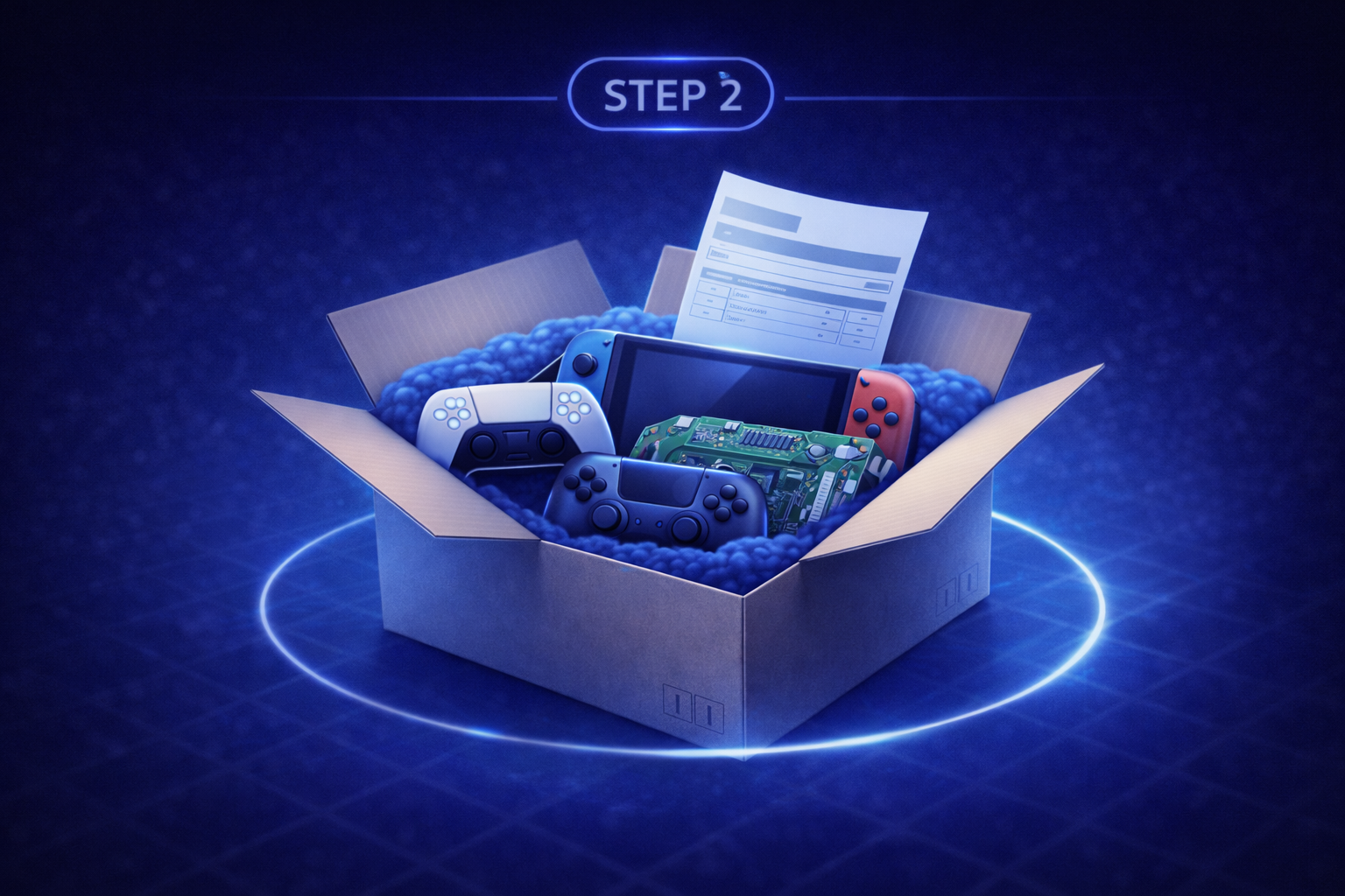 A cardboard box filled with gaming consoles, controllers, a circuit board, and a document, set against a dark blue background with a glowing circle and the label 'STEP 2' at the top.