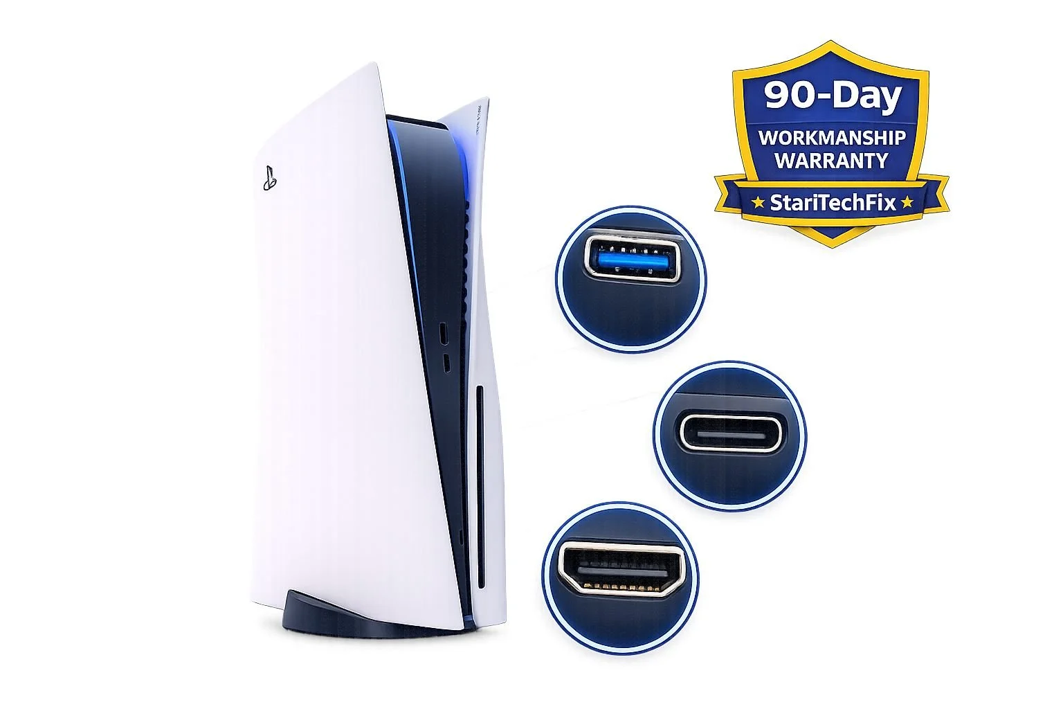 PS5 console with HDMI and USB port repair highlights and 90-day StanTechFix warranty