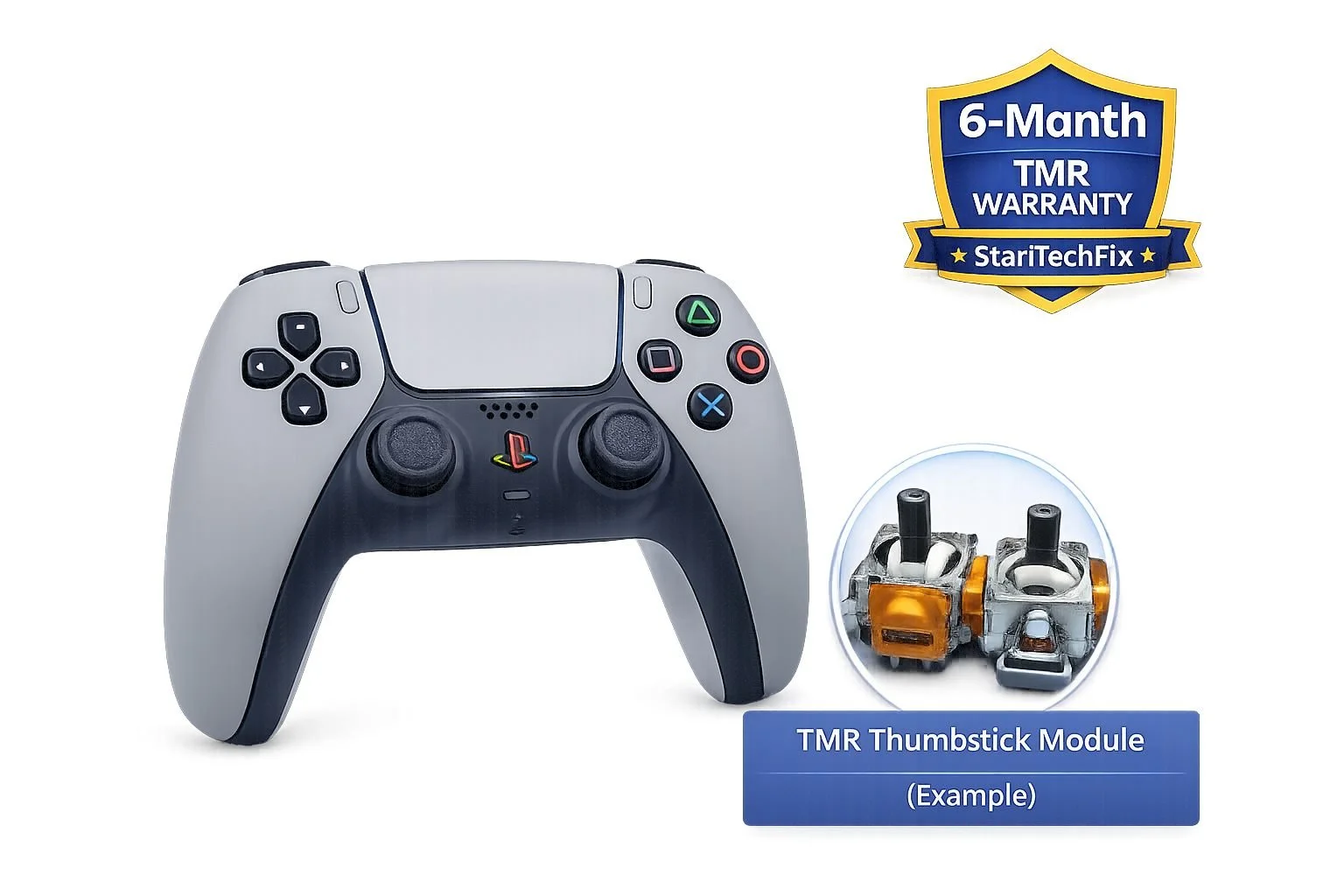 PS5 DualSense controller with TMR thumbstick module upgrade and 6-month StanTechFix warranty
