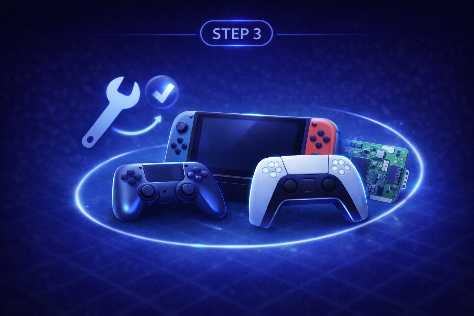 A collection of gaming devices including a Nintendo Switch, PlayStation controller, and a circuit board used for gaming, with a glowing blue outline and a tool icon with a checkmark indicating step 3 in a process.