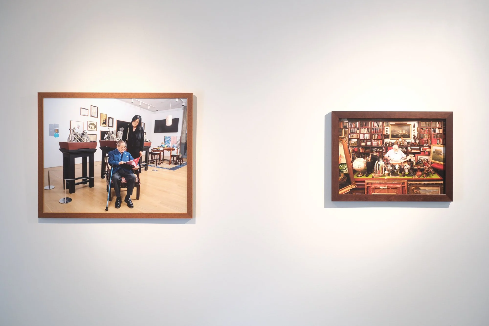 Installation view of "Christos Dikeakos: The Collectors," at Griffin Art Projects, North Vancouver, BC, 2025. Photo: Byron Dauncey, courtesy of Griffin Art Projects. (L-R)1. Dr. Wallace Chung and Sarah Ling at the Chinese Canadian Museum, 2025; Archi