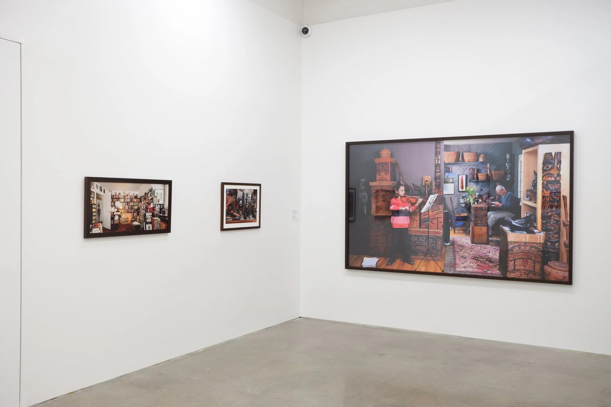 Installation view of "Christos Dikeakos: The Collectors," at Griffin Art Projects, North Vancouver, BC, 2025. Photo: Byron Dauncey, courtesy of Griffin Art Projects. (L-R)1. Robin Blaser Study East Wall, 2019; Archival pigment inks printed on Epson l