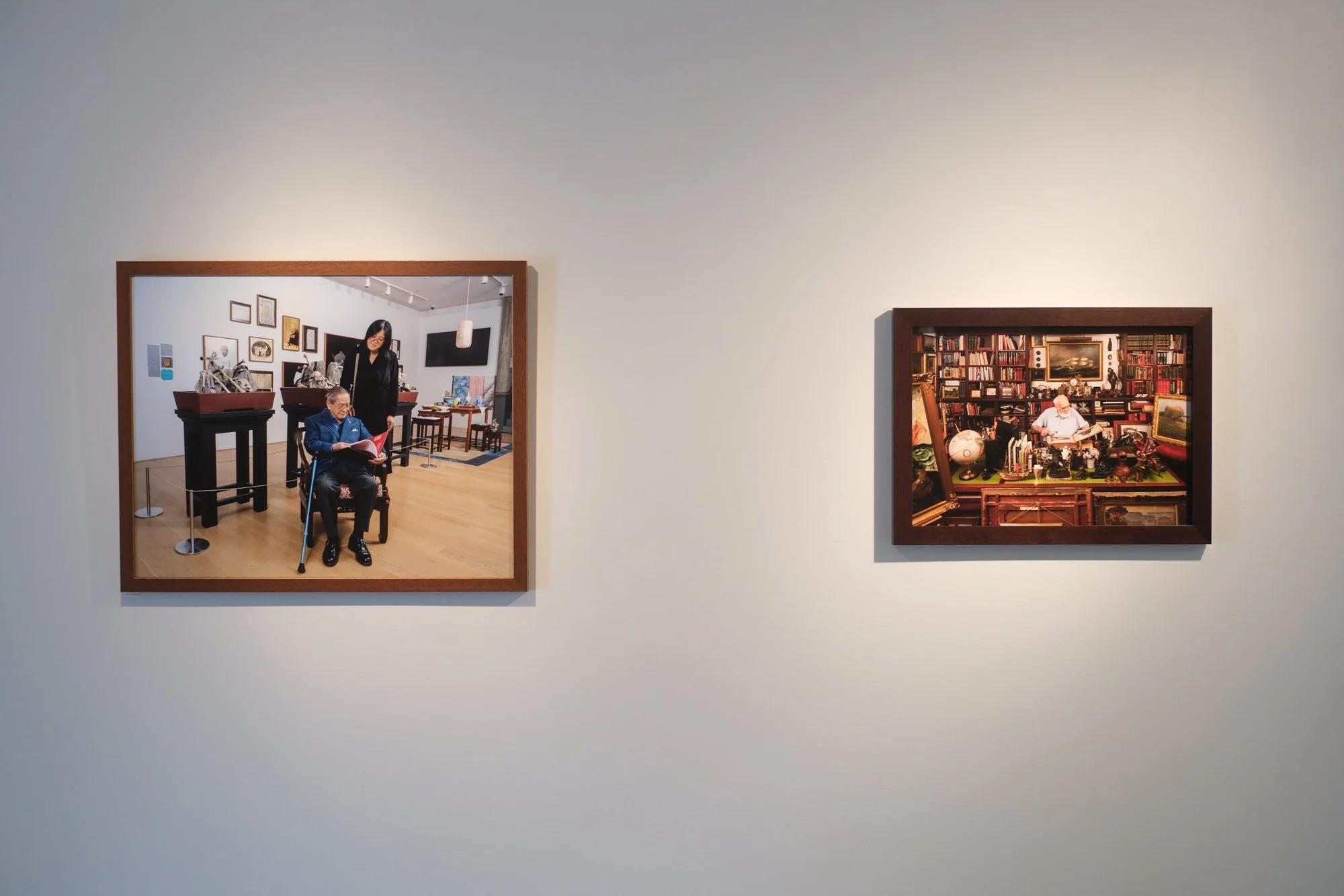 Installation view of "Christos Dikeakos: The Collectors," at Griffin Art Projects, North Vancouver, BC, 2025. Photo: Byron Dauncey, courtesy of Griffin Art Projects. (L-R)1. Dr. Wallace Chung and Sarah Ling at the Chinese Canadian Museum, 2025; Archi