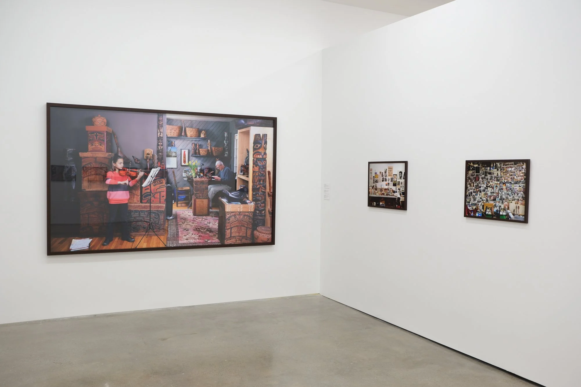 Installation view of "Christos Dikeakos: The Collectors," at Griffin Art Projects, North Vancouver, BC, 2025. Photo: Byron Dauncey, courtesy of Griffin Art Projects. (L-R) 1. The Music Lesson, 2017; Archival pigment inks printed on Epson lustre paper