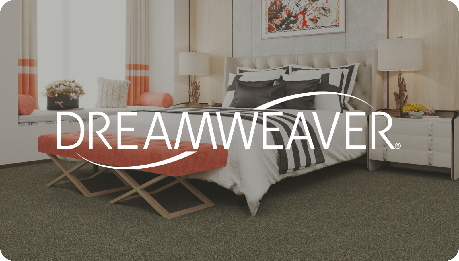 A bedroom with a bed, white headboard, black and white striped bedding, black pillows, and white bedding. There are side tables with lamps, a window with curtains, a pink cushioned bench at the foot of the bed, and a painting above the bed. The image