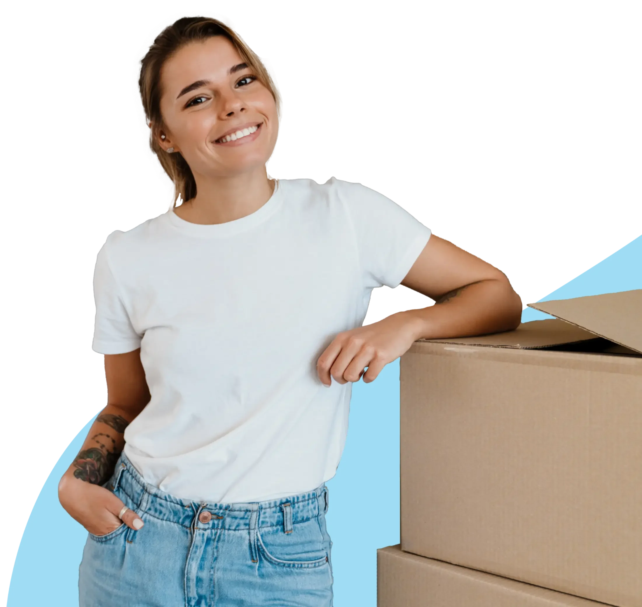 Young woman leaning on moving boxes