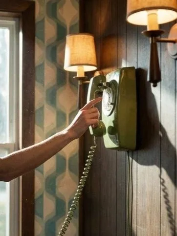 Person dialing a vintage green wall-mounted rotary telephone in a room with wood-paneled walls and wall-mounted lamps.