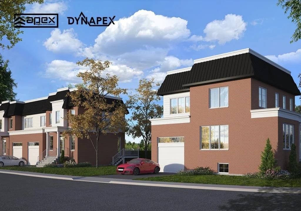 Rendering of modern two-story houses with brick exteriors, large windows, and black roofs, along a suburban street with parked cars and trees under a partly cloudy sky.