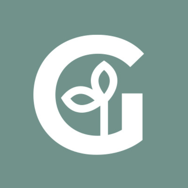 A white logo featuring a stylized letter G with a leaf and a stem design on a teal background.