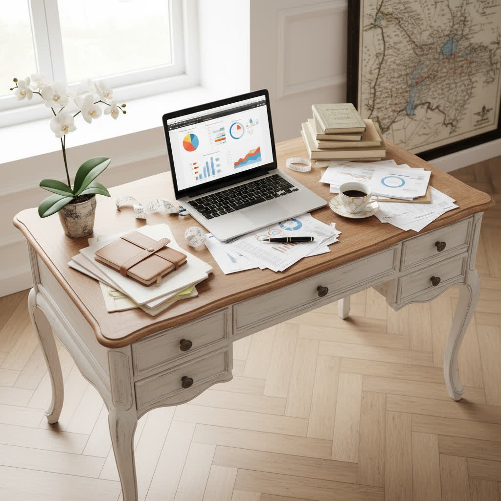 Bookkeeper Bay of Plenty. French destressed white desk with computer and books with paper.