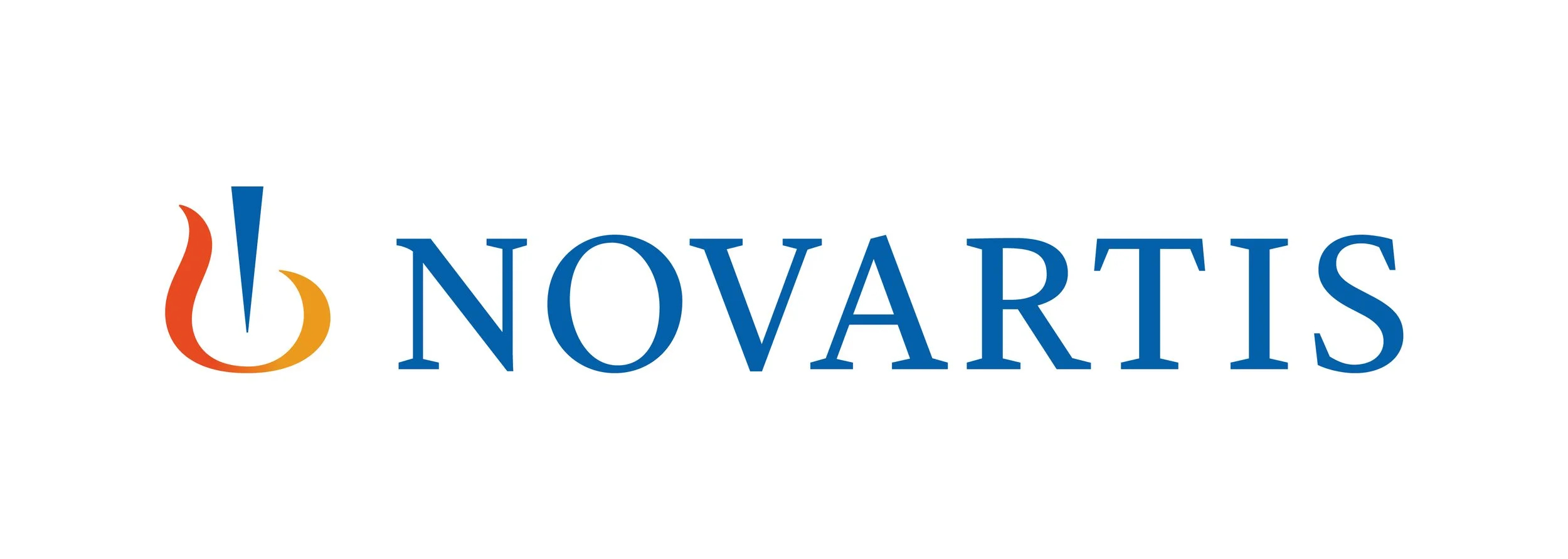 Logo of Novartis featuring an stylized symbol with blue, orange, and yellow colors and the text 'NOVARTIS' in blue capital letters.