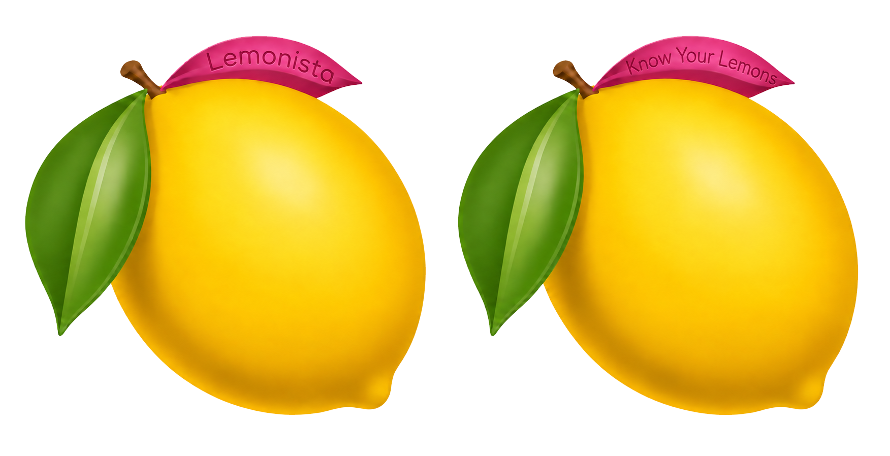 Two illustrated yellow lemons with green leaves and pink ribbons reading Lemonista and Know Your Lemons