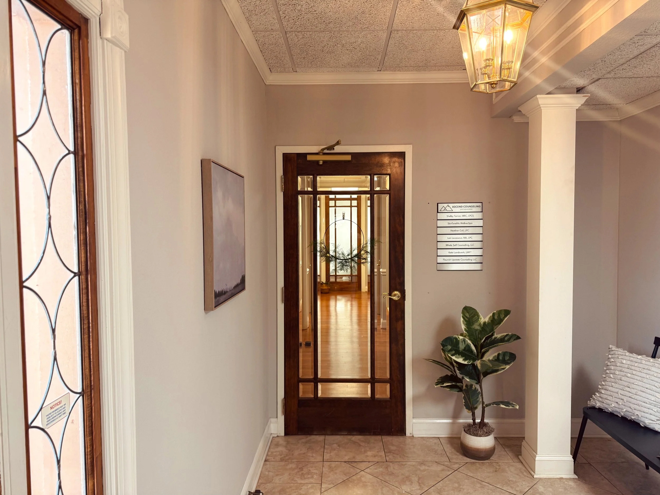 Interior of a waiting area with a wooden door, potted plant, wall art, and a ceiling light fixture.