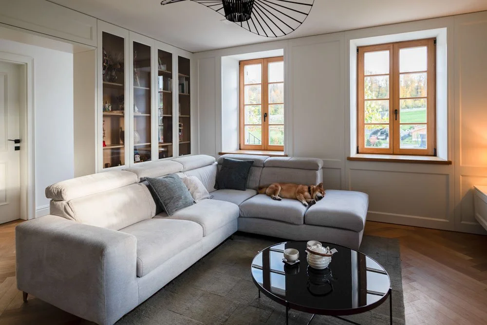 Salon lumineux avec canapé blanc, coussins gris, chien allongé sur le canapé, deux fenêtres laissant entrer la lumière naturelle, étagère encastrée avec des livres, table basse noire avec des tasses, murs blancs et parquet en bois.