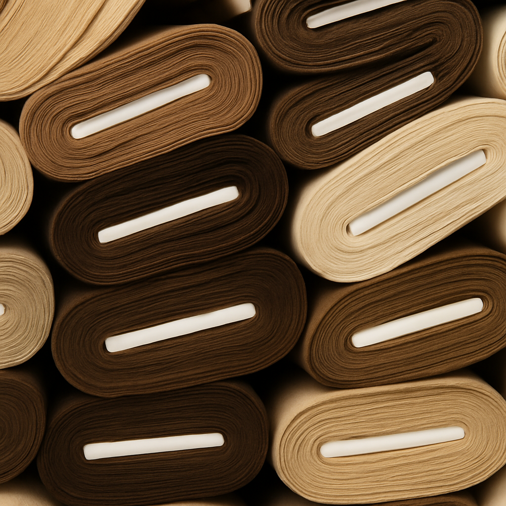 Stacked rolls of paper towels in shades of beige and brown.