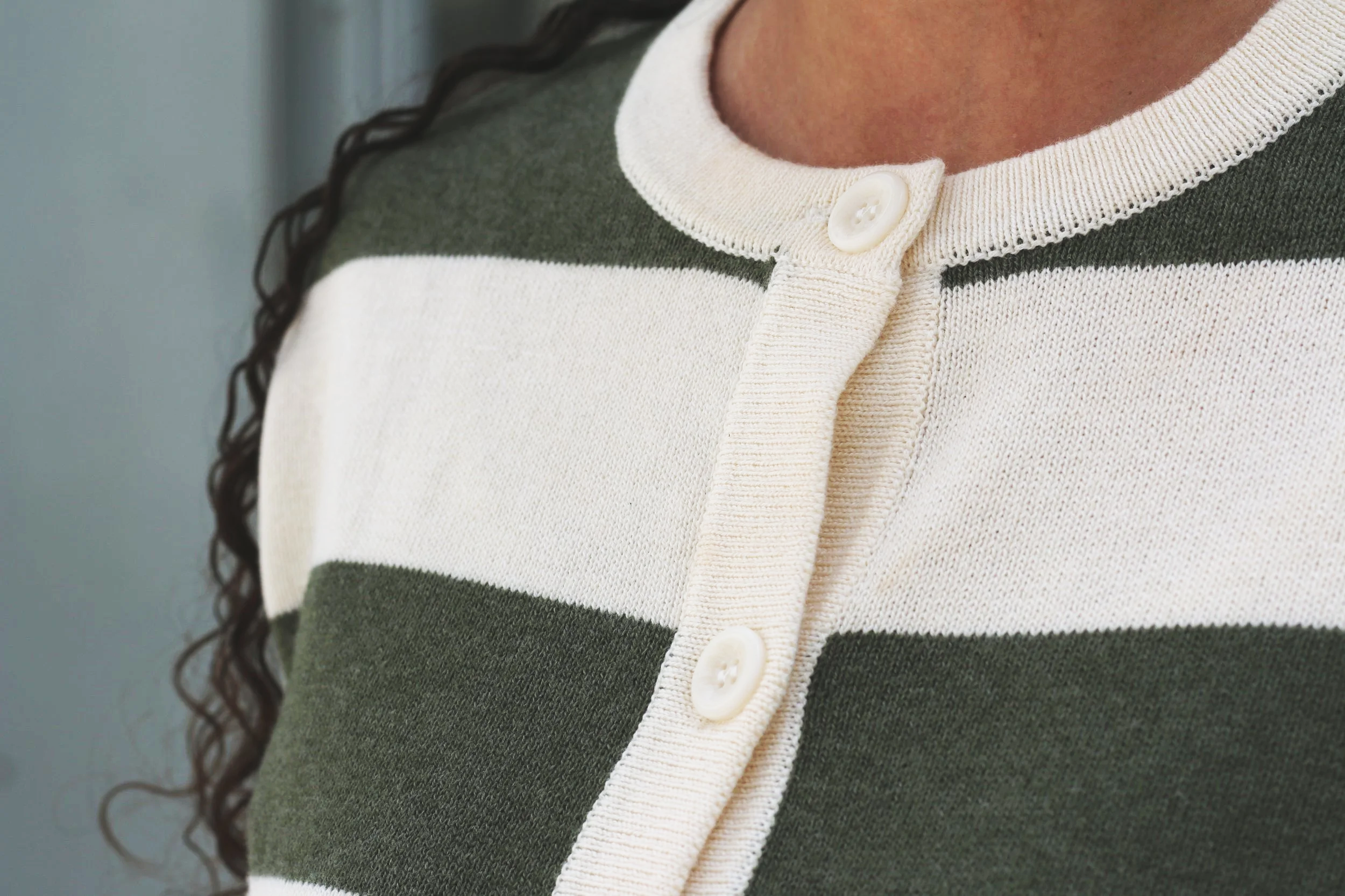 Ivory and olive striped fitted cardigan for women, crew neck knit, lightweight layering piece cotton and wool blend