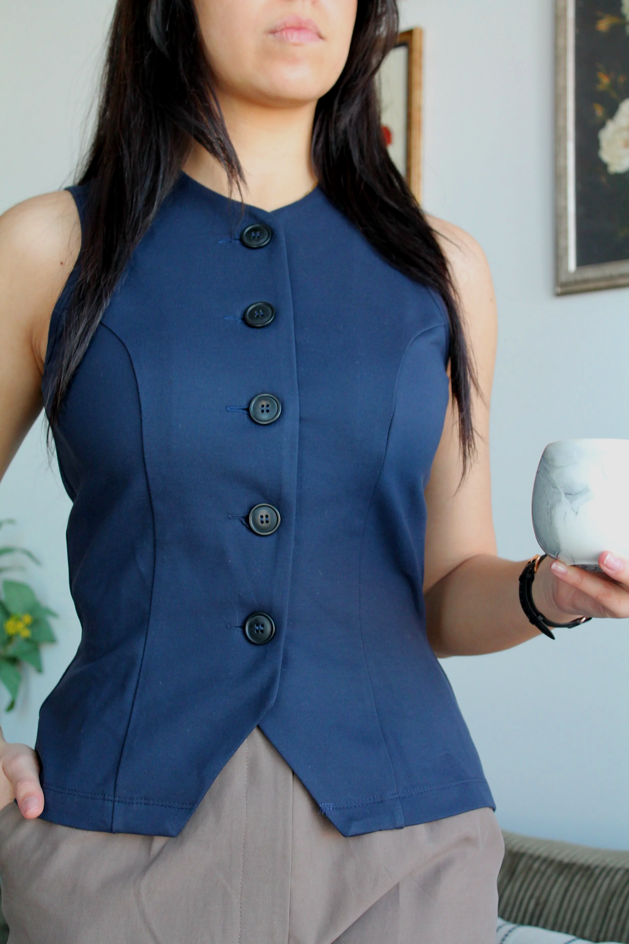 Women’s navy blue tailored vest waistcoat with a structured fit and minimalist design