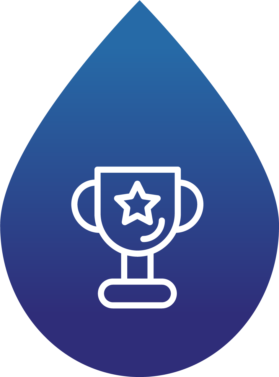 Icono de un trofeo con una estrella y una sonrisa en un fondo azul