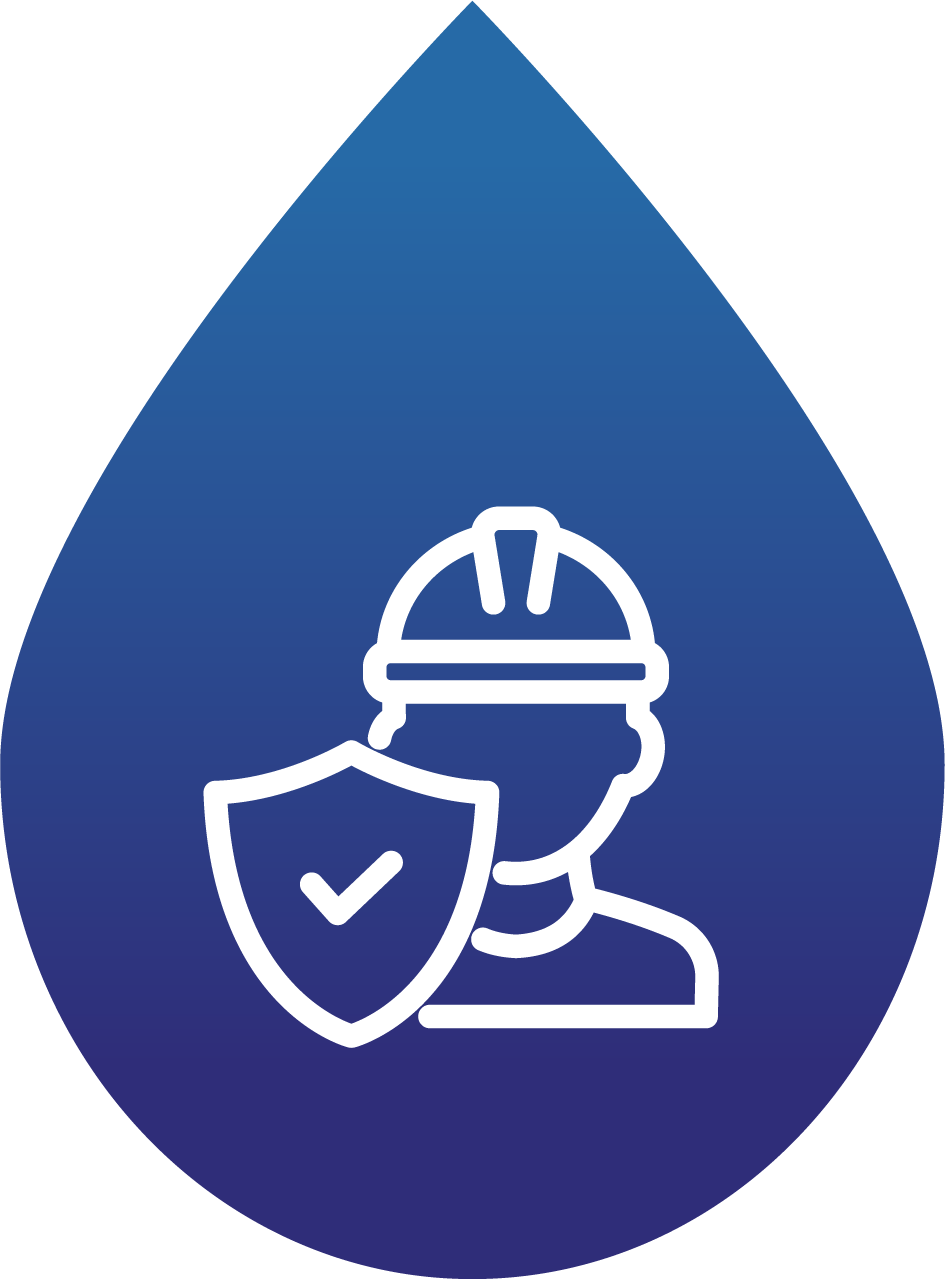 Icono de un trabajador con casco de seguridad y escudo de protección, sobre fondo azul en forma de gota.