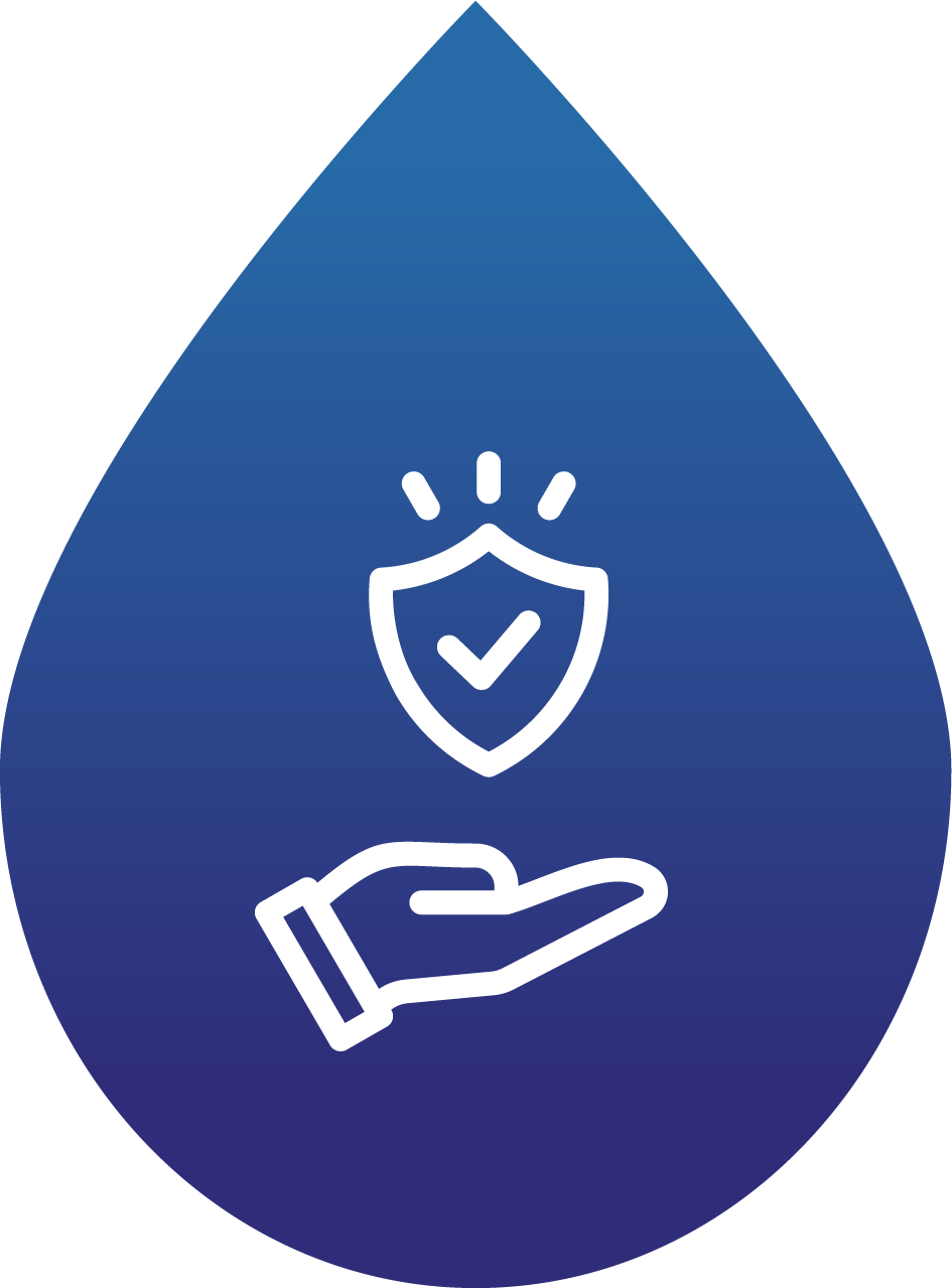 Gota de agua azul con icono de escudo de protección y mano debajo.