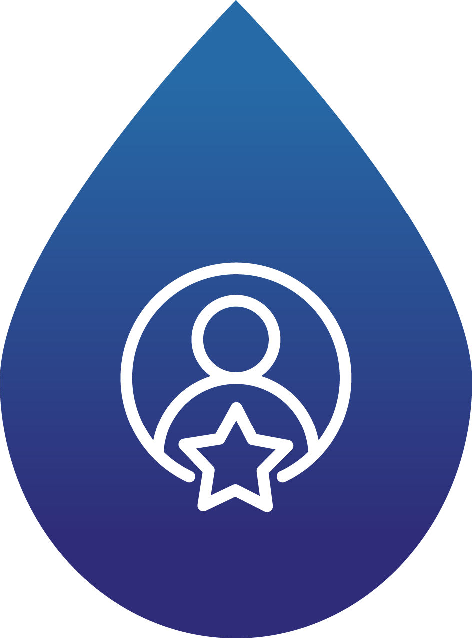 Icono con figura de una persona dentro de un círculo y una estrella en la parte inferior, sobre un fondo en forma de gota azul.