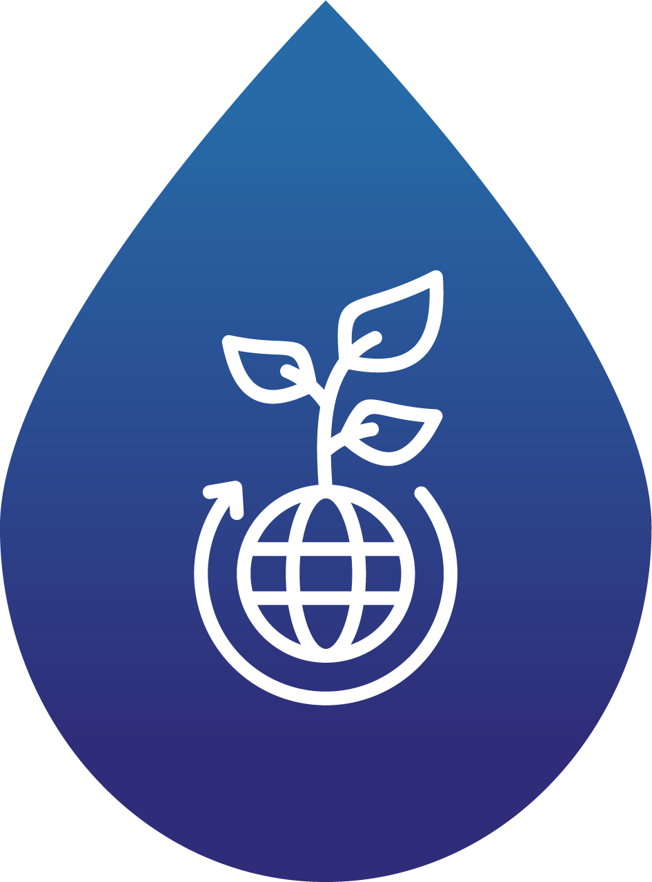 Ícono de una gota de agua con un símbolo de planeta Tierra y una planta emergiendo.