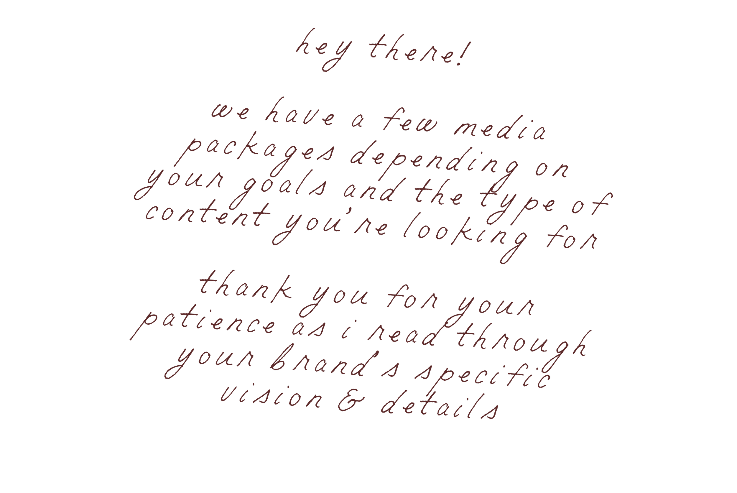 A black background with red cursive text explaining media packages, goals, content, brand, vision, and details.