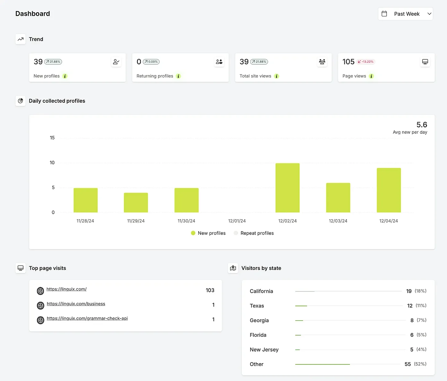 Dashboard showing website analytics with metrics for new profiles, returning profiles, total site views, page views, daily profile collection graph, top page visits, and visitors by state.