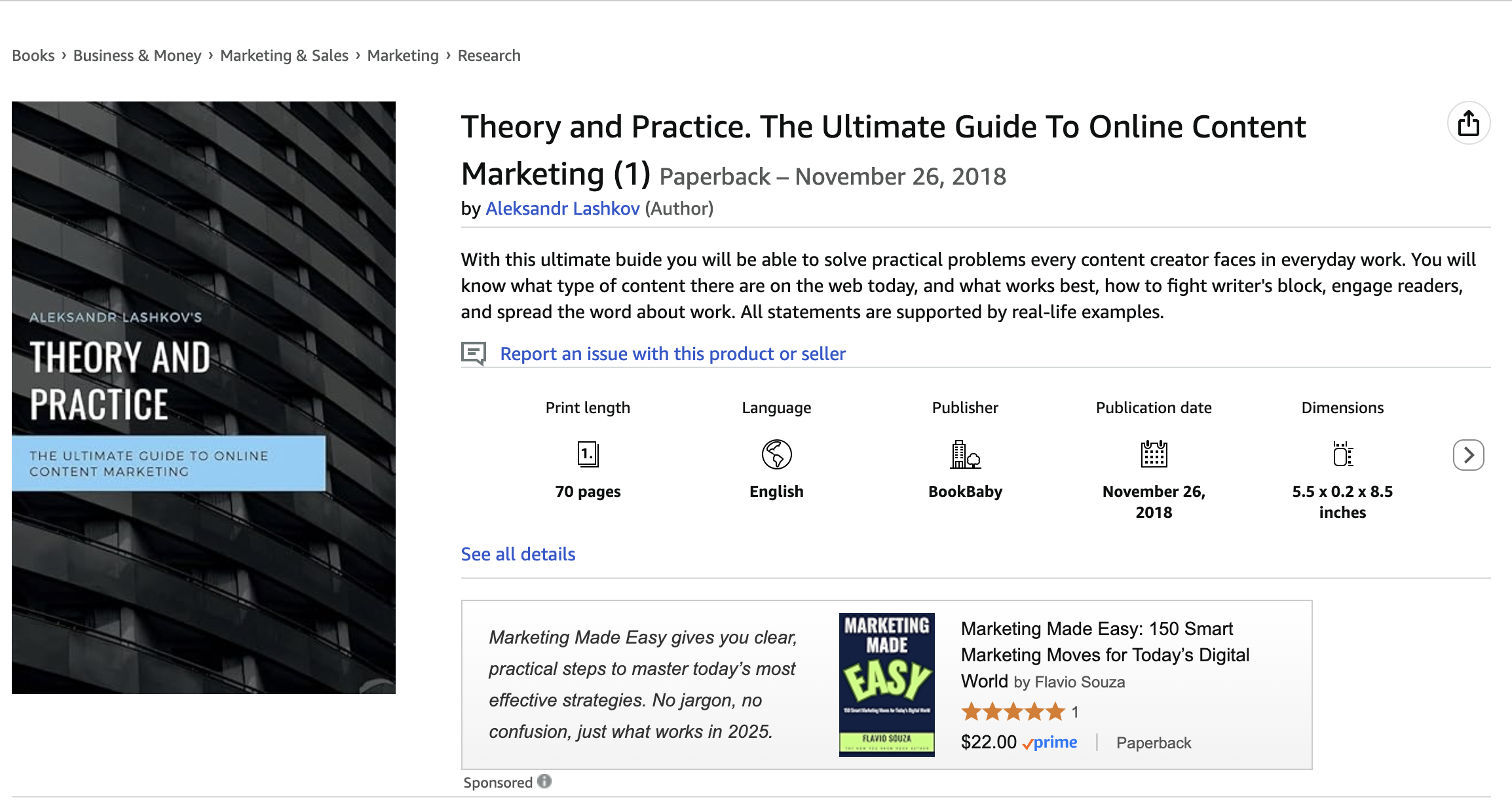 Screenshot of an online book listing for 'Theory and Practice. The Ultimate Guide to Online Content Marketing' by Aleksandr Lashkov. The book cover features a black building with many windows and a blue banner that reads, 'The Ultimate Guide to Online Content Marketing.' The listing details include the publication date, November 26, 2018, 70 pages, in English, published by BookBaby, with dimensions of 5.5 x 0.2 x 8.5 inches, priced at $22.00.