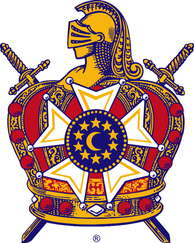 A detailed illustration of a royal crown with a medieval helmet, swords crossed behind it, and a shield-like emblem featuring a moon and stars at its center.