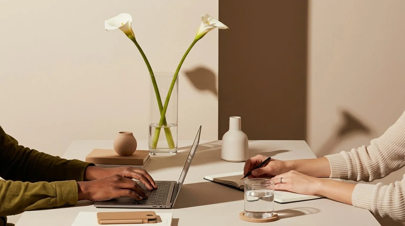 A collaborative meeting between two people at a white table, with one person typing on a laptop and the other taking notes with a pen, surrounded by vases and flowers.