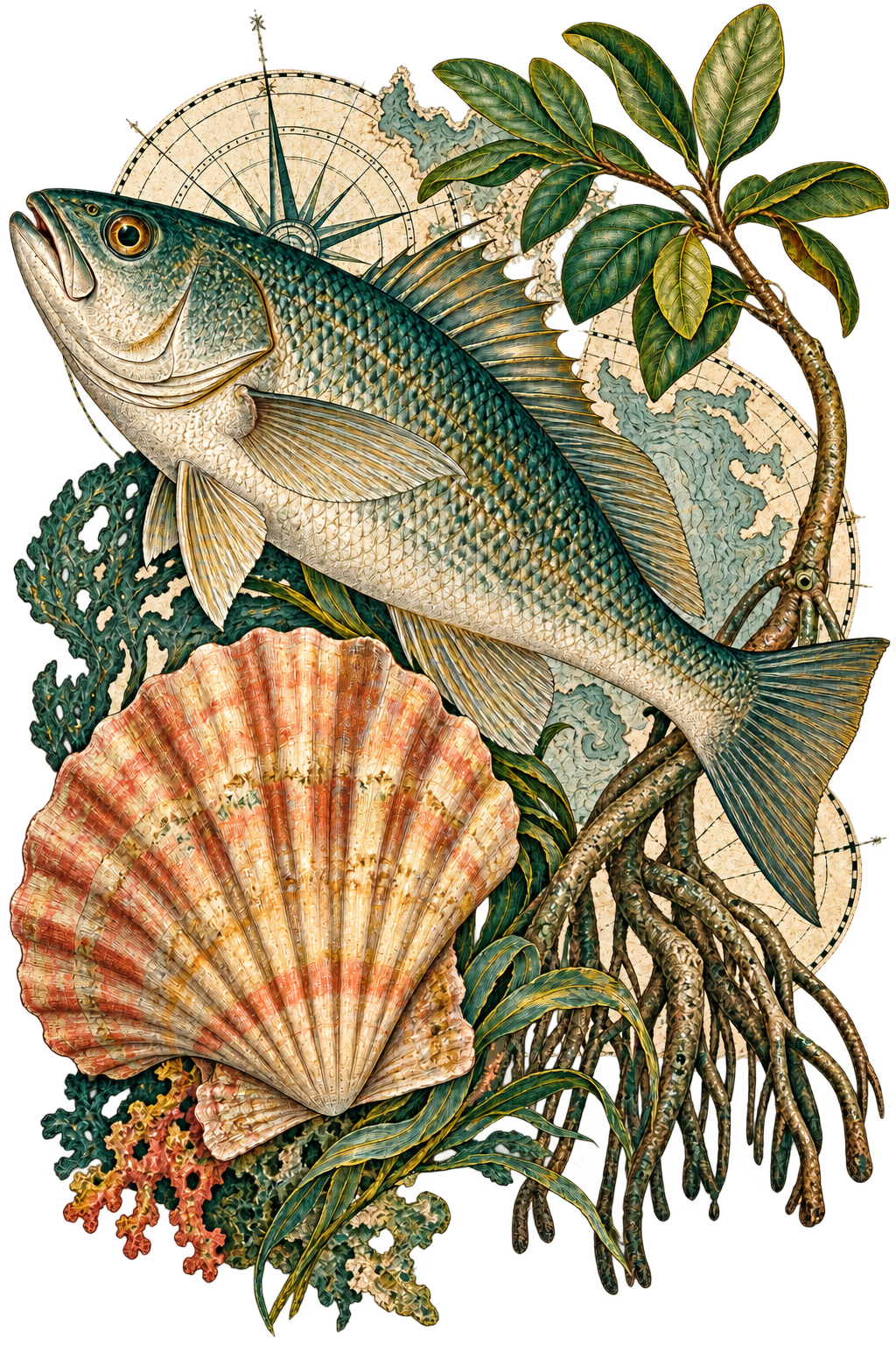 Original engraved-style collage of a fish, scallop shell, mangrove branch and roots, and nautical map fragments