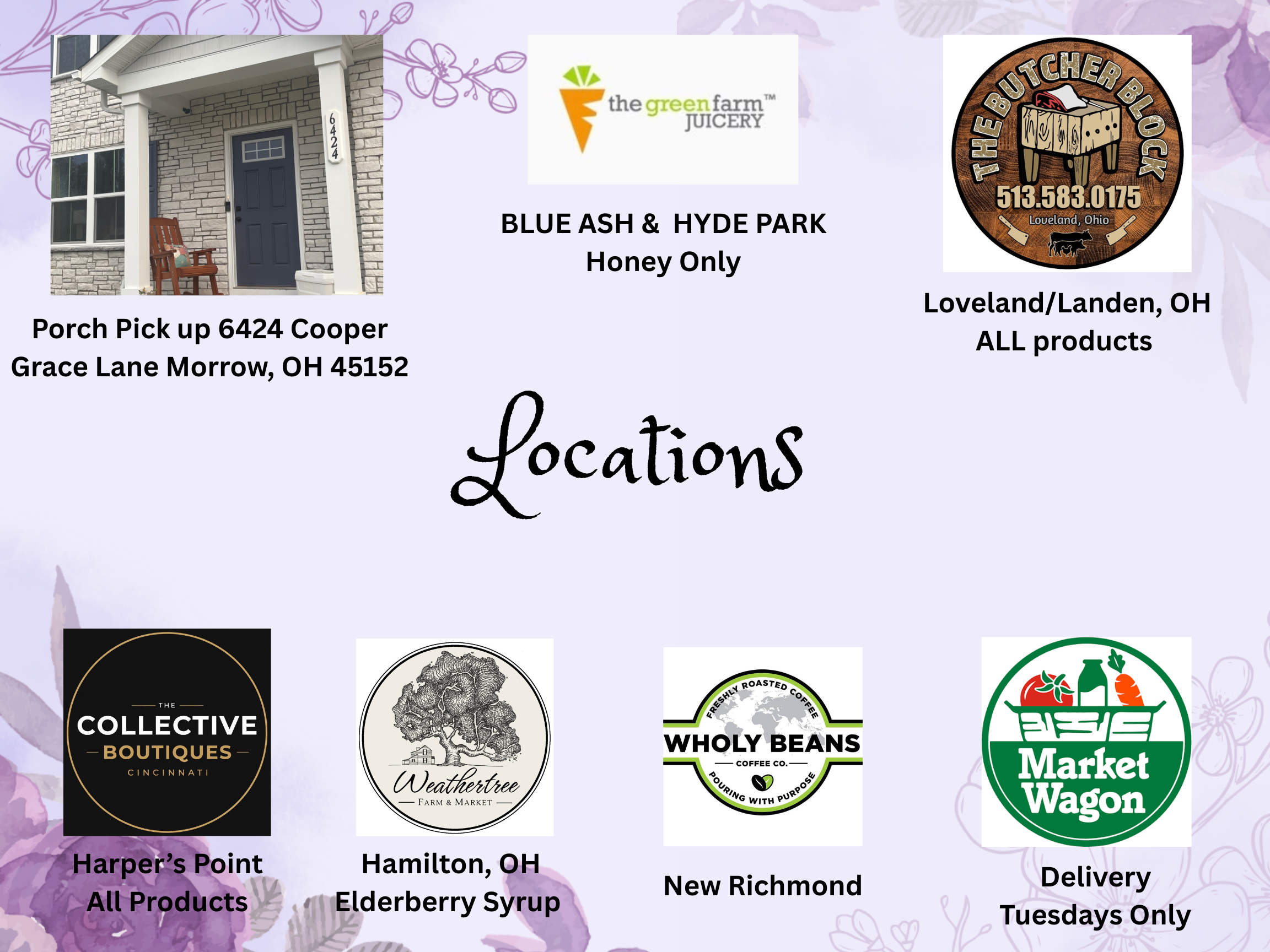 Collection of local businesses that carry Lindy's Elderberry products including The Butcher Block in Landen / Loveland, The Collective Boutiques in Harpers Point, Weathertree in Hamilton, Market Wagon online farmers market delivery, and Wholy Beans.