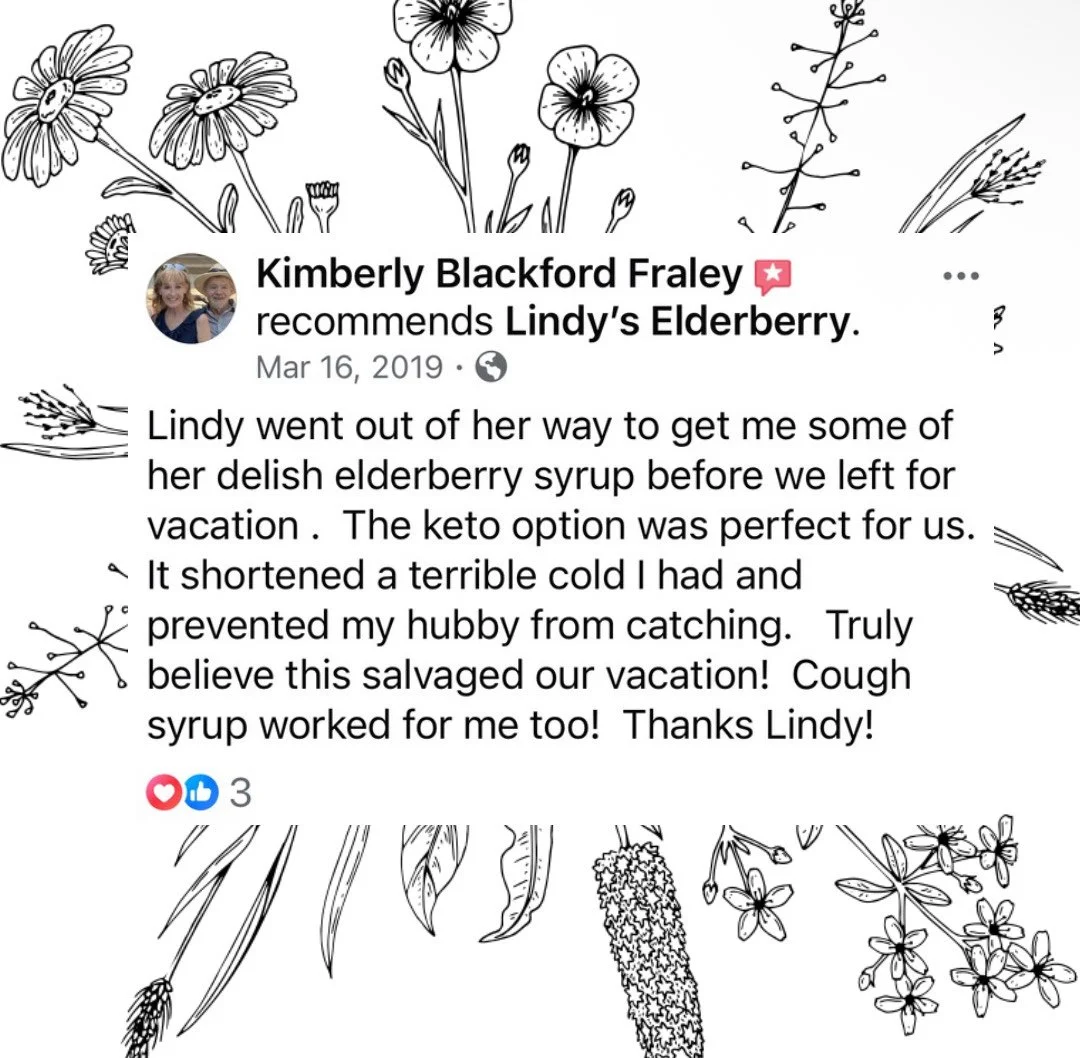 Black and white floral sketch background with a Facebook review post for Lindy's Elderberry syrup.