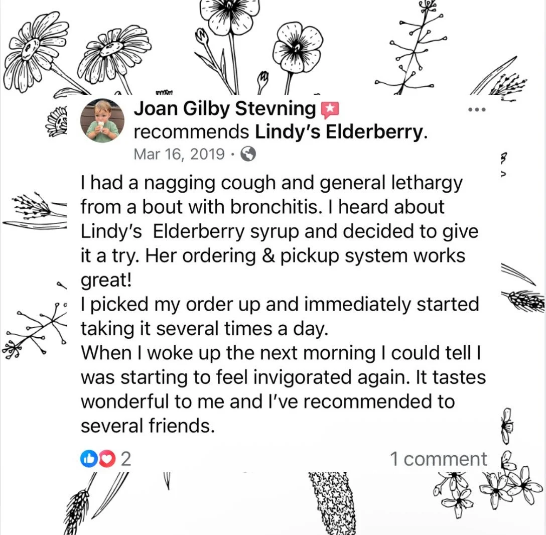 Social media post recommending Lindy's Elderberry syrup with a black and white floral background.