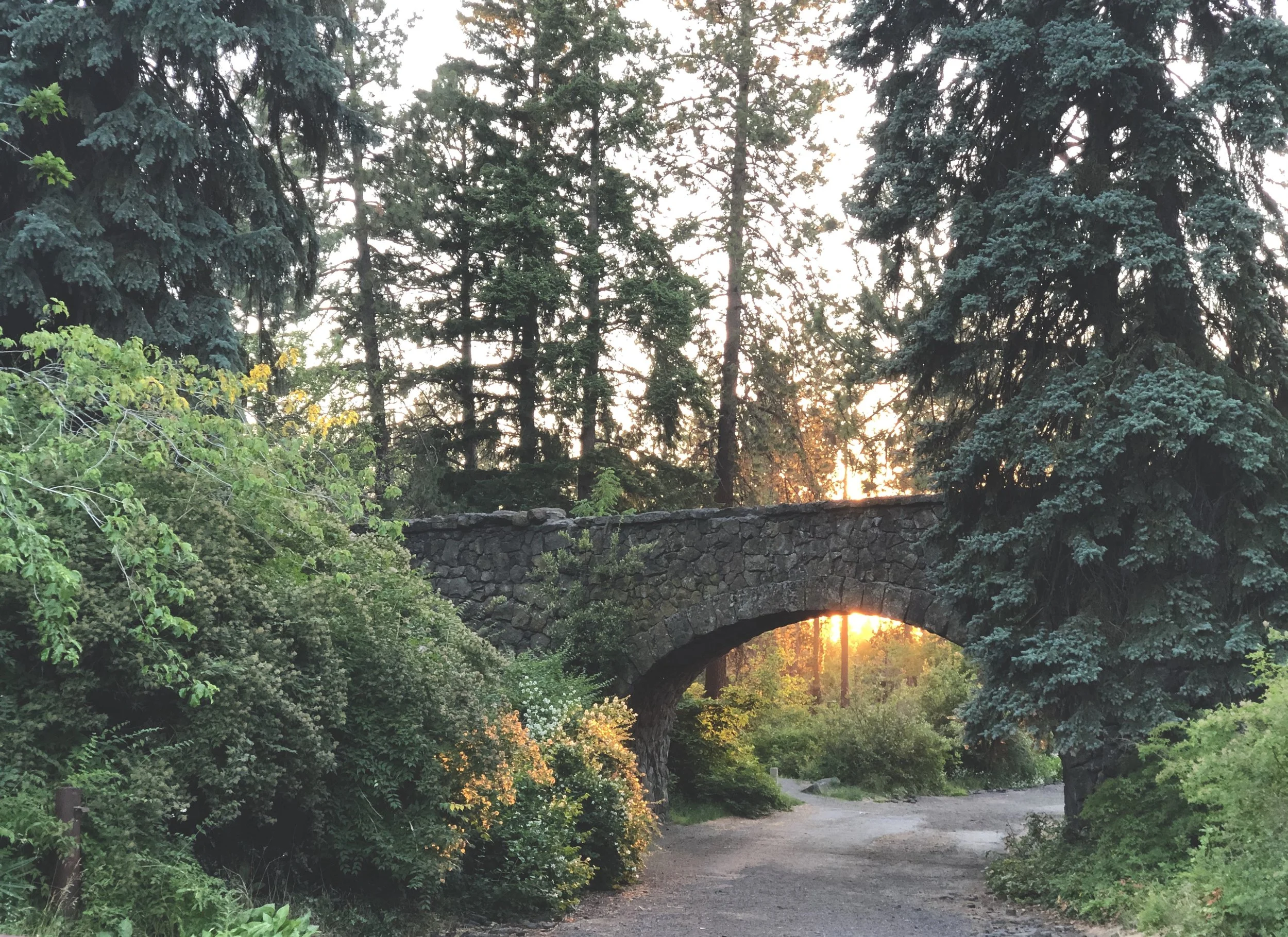 Summer sunset at the Loop Drive Bridge in Manito Park, Spokane, Washington.