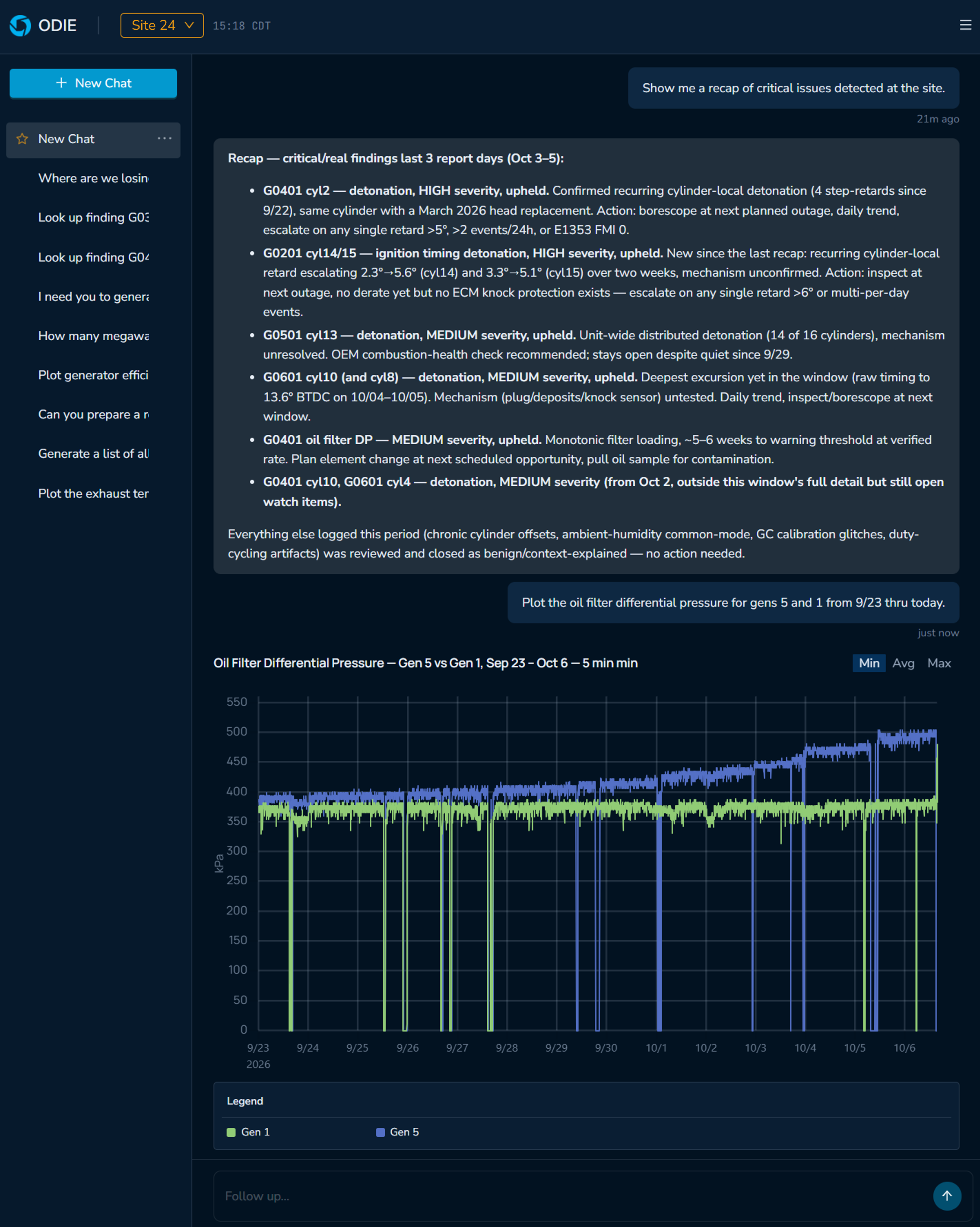 Screenshot of ODIE displaying a prompt asking for critical issues detected at the site with a response from ODIE, and another prompt asking for a plot of oil filter differential pressures for 2 generators, with the corresponding plot shown.