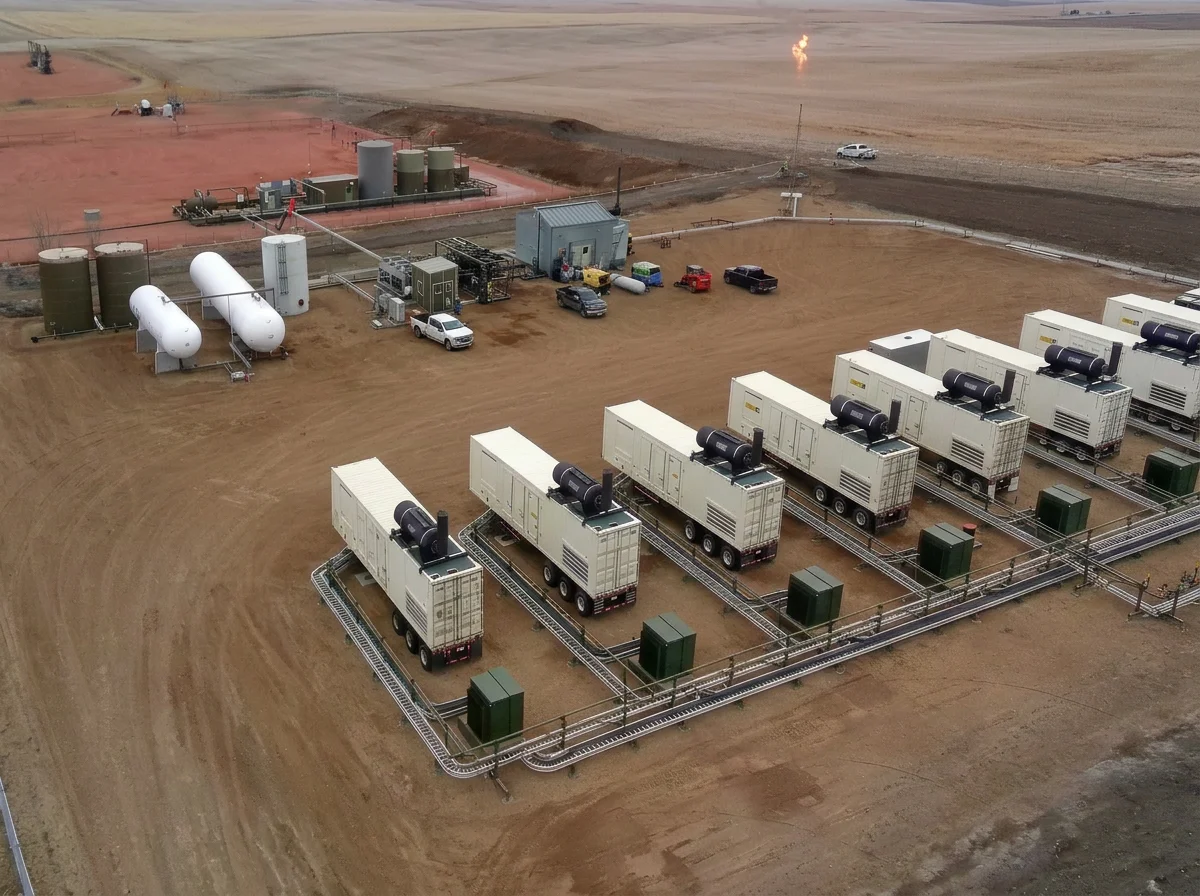Aerial view of a gas powered microgrid site with eight power units connected by pipelines on a dirt ground. There are several vehicles and large tanks nearby, with a field and a flare stack in the background.