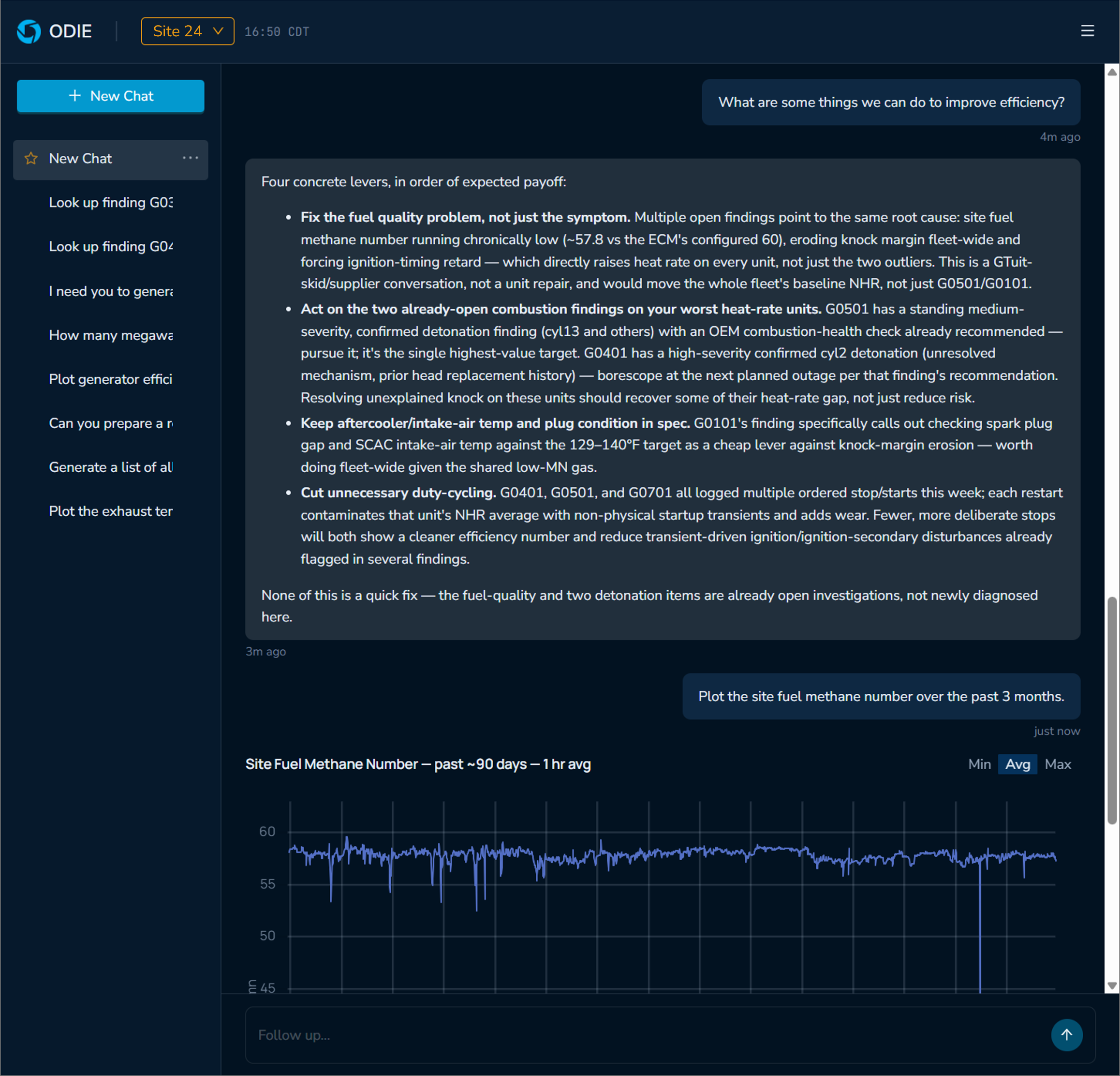 Screenshot of ODIE showing a chat conversation about things that can be done to improve site efficiency  and a line graph of methane levels over the past 90 days.