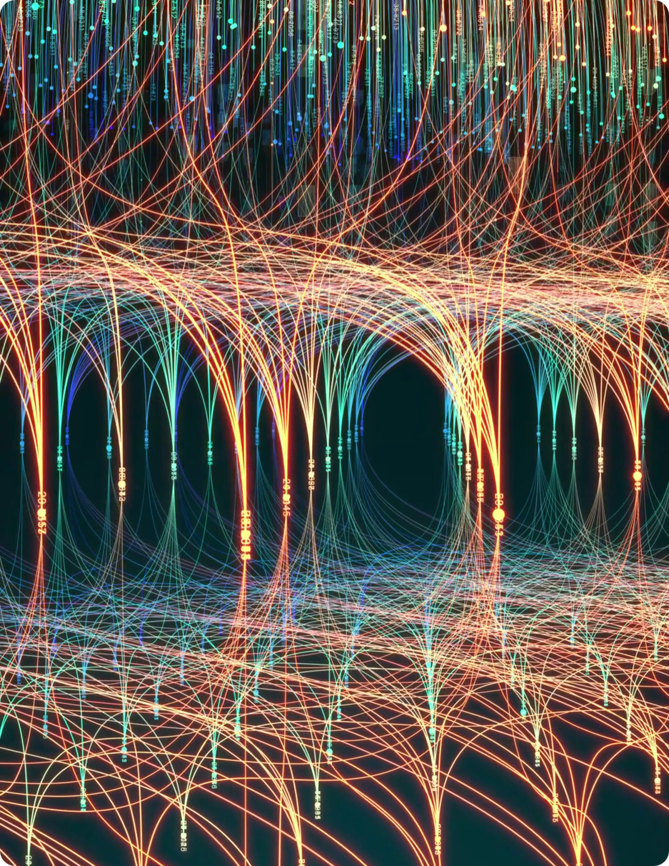 A colorful abstract digital art image featuring intersecting and emerging light trails in various colors including red, orange, blue, green, and purple on a dark background, meant to convey a sense of AI processing in action.