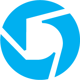 A blue circular logo with black geometric shapes and a white background.