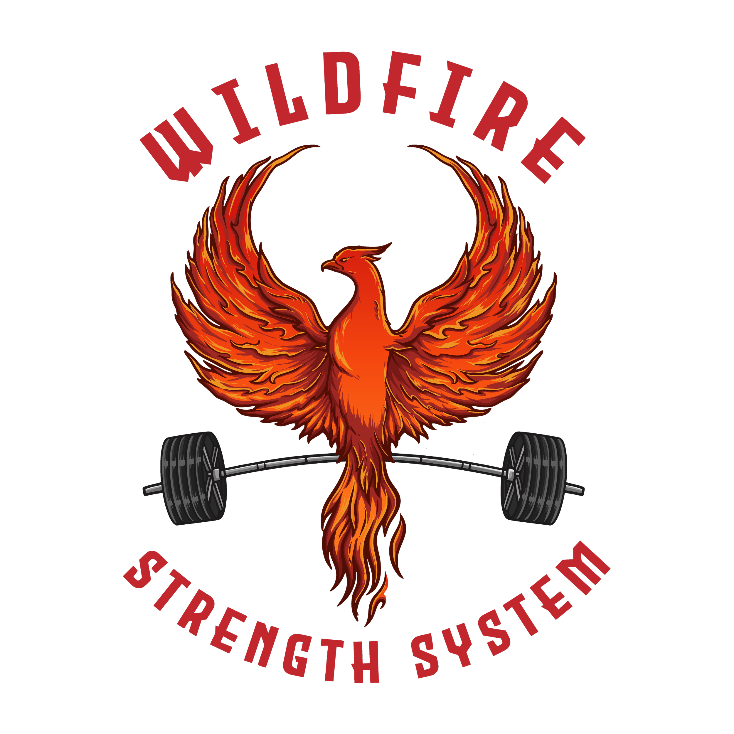 A logo featuring a fiery phoenix with spread wings, holding a barbell with weights, surrounded by the words 'Wildfire' above and 'Strength System' below in red text.