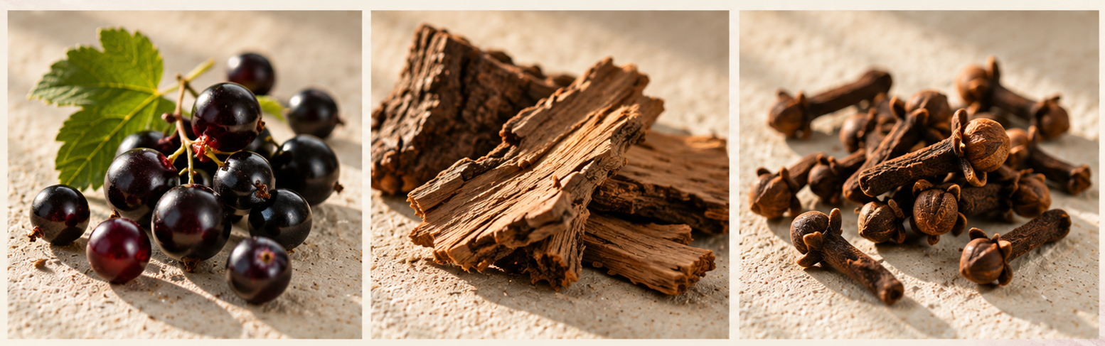 Black Currant, Oak & Clove scent profile featuring ripe black currants, warm oak wood, and aromatic cloves.