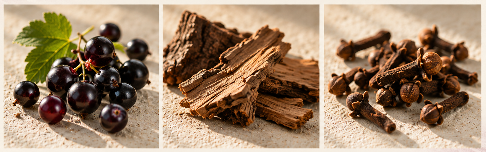 Black Currant, Oak & Clove scent profile featuring ripe black currants, warm oak wood, and aromatic cloves.